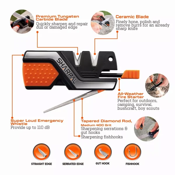 SHARPAL 6-In-1 Pocket Knife Sharpener&Survival Tool, with Fire Starter, Whistle - Image 2